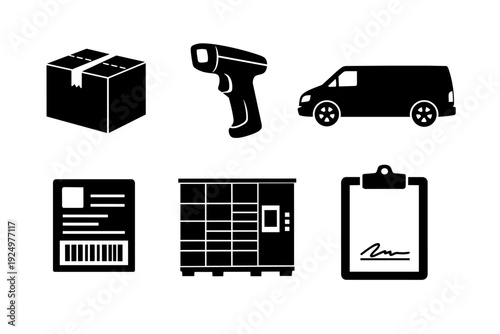 Logistics and delivery icons representing shipping, warehouse, and courier services
