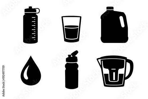 Hydration set showing water bottles, a glass, jug, gallon, and a drop icon