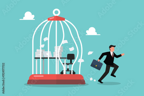 Businessman break free from toxic working desk bird cage