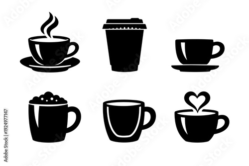 Coffee and tea icons set showing various mug and cup glyphs for beverages