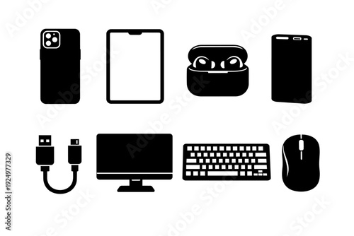 Collection of electronic devices, computers, peripherals, and network accessories