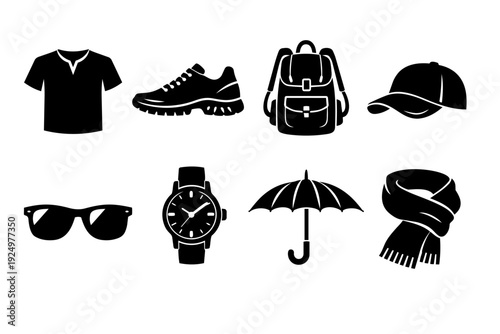 Travel and adventure accessories icon set depicting various essential items
