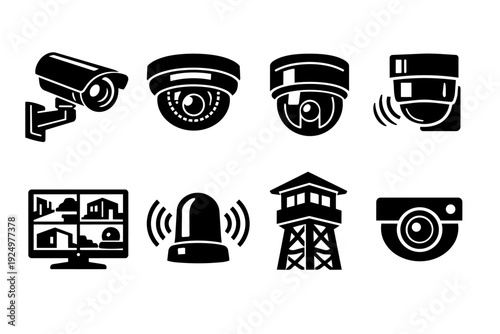Security system icons with cctv cameras, monitoring screen, alarm, and guard tower