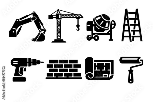 Construction tools and equipment icons representing building, engineering, and renovation