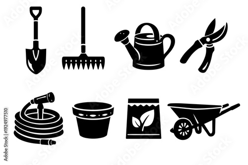 Basic gardening tools and equipment silhouette set for horticulture and farming