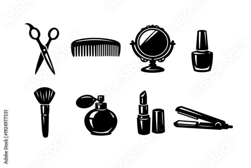 Salon and beauty tools black vector icons set with hair and makeup elements