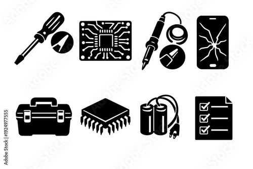 Electronics repair service and maintenance icons featuring tools, parts, and devices