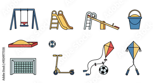 Collection of colorful playground and outdoor activity icons for children.