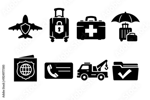 Travel insurance protection icons set featuring luggage, medical, and roadside assistance