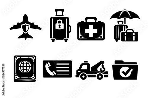 Travel insurance icons with airplane, locked luggage, first aid, and assistance concepts