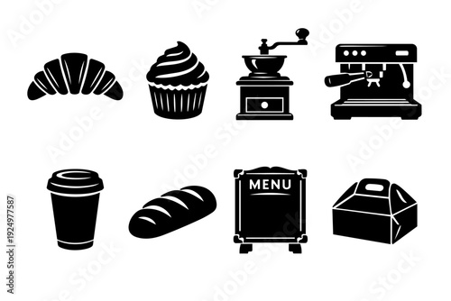 Bakery and coffee shop icons set, offering breakfast elements and takeaway packaging