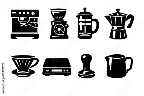 Coffee brewing equipment and accessories icons set vector illustrating preparation process