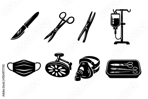 Surgical instruments and medical equipment set, symbolizing healthcare operations