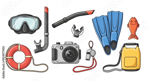 Collection of essential snorkeling and diving gear with summer vacation items.