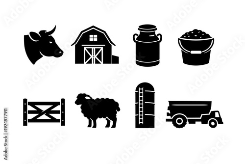 Farm and ranch icons set representing agriculture, livestock, and rural life