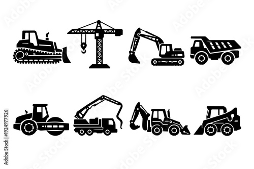 Construction vehicles heavy machinery collection, engineering and building industry icons