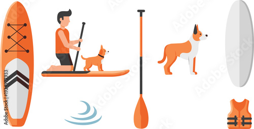 Man Paddle Boarding with Dog Vector Set Featuring Orange SUP Board Oar Life Vest and Wave Icons