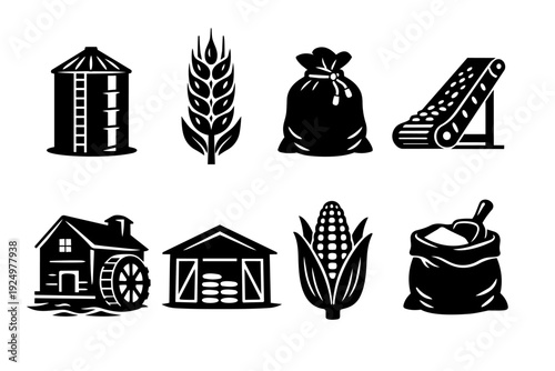 Agriculture production and harvesting icons illustrating farm, grain, and food industry