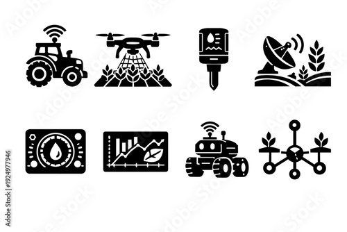 Smart farming technology icons set depicting precision agriculture and automation