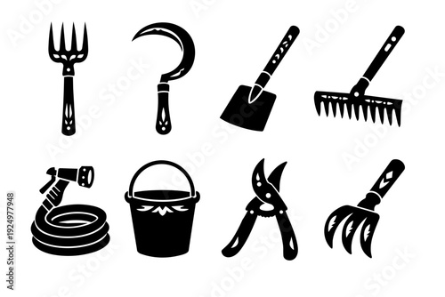 Gardening tools silhouette collection illustrating garden work and horticultural themes