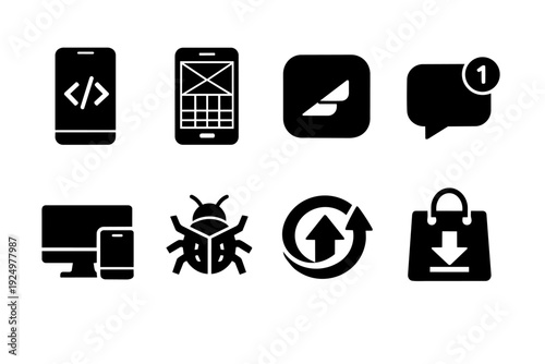 Mobile app development icons showing coding, bug fixing, updates, and downloads