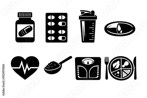 Health and fitness icon set representing diet, supplements, medicine, and wellness concepts