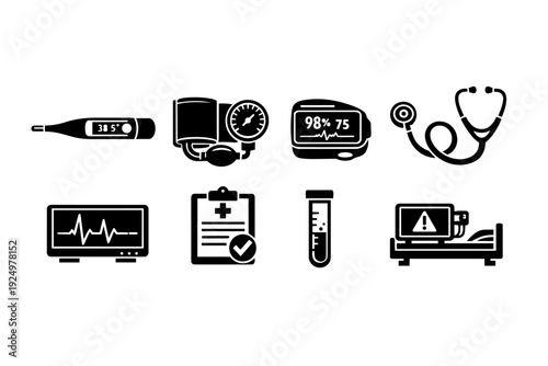 Healthcare measuring tools and medical equipment icons representing diagnosis and patient care