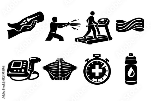 Physiotherapy, rehabilitation, and fitness icons set, showing human anatomy and therapy equipment