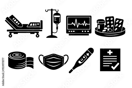 Hospital medical items set illustration displaying healthcare, medicine, and emergency care