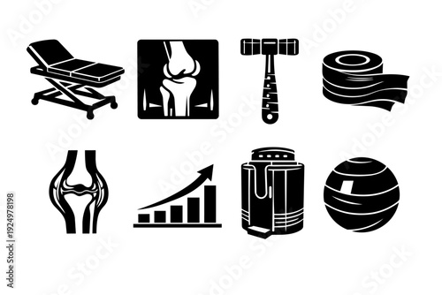 Physiotherapy and rehabilitation icons including medical equipment and joint health symbols