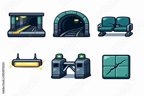 Subway station elements set for game assets including platform, tunnel, and turnstile