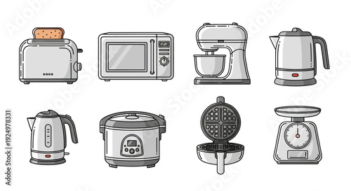 Modern Kitchen Appliances Set in Outline Vector Illustration
