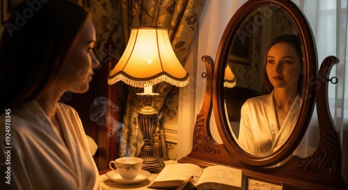 Contemplative morning ritual: Young woman gazes into antique mirror with tea