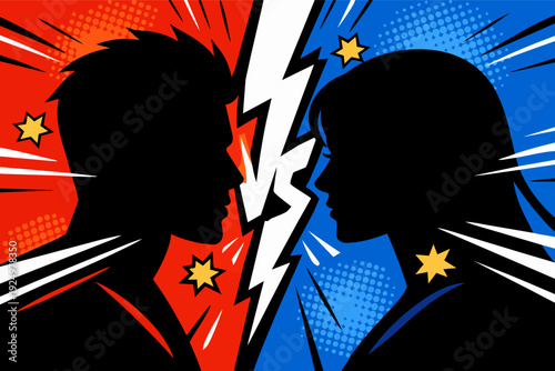 Man and woman conflict, fighting, relationship struggle, pop art versus battle