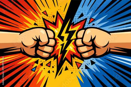 Opposing fists colliding in a comic style explosion for conflict and competition