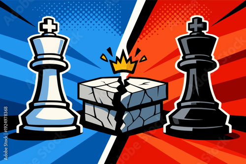 Chess kings facing off, one white, one black, with a broken pedestal between them