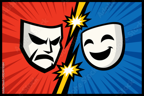 Theater masks symbolizing comedy and tragedy with opposing emotions and conflict
