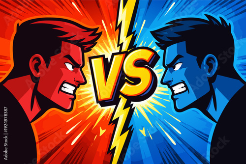 Two angry men facing each other in a vs battle competition concept illustration