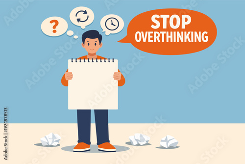 Person holding blank notes, thinking and trying to stop overthinking and anxiety