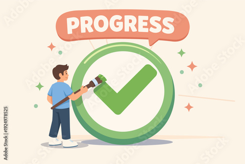 Person painting checkmark symbolizing task completion and project progress
