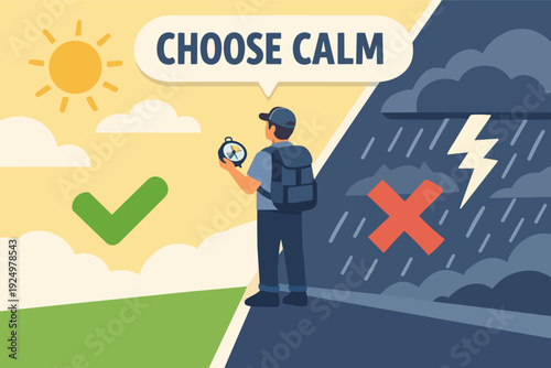 Choosing calm, a person standing between good and bad emotions, a life decision