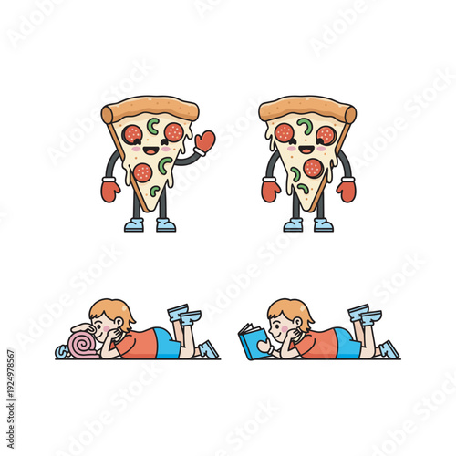 Cartoon pizza character and person exercising with dumbbells in a fitness routine