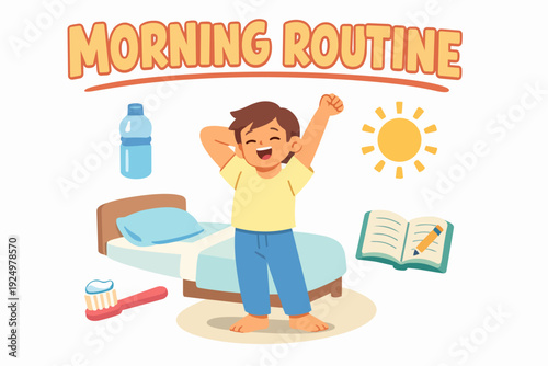 Boy waking up happy with daily morning routine habits including toothbrushing