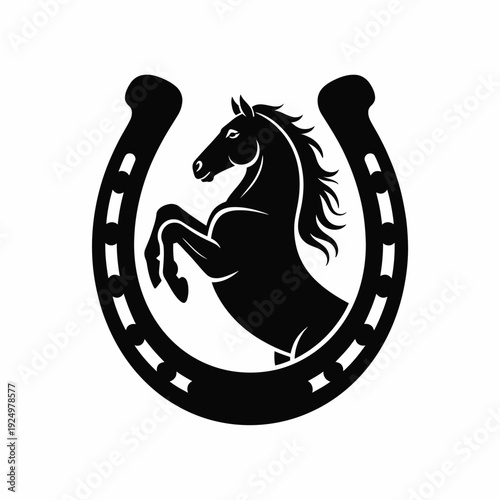 Black silhouette of a horse within a horseshoe shape logo design isolated on white background, Vector, illustration