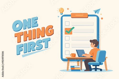 Man working on laptop, completing task while prioritizing one thing first strategy