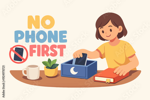 Girl putting cell phone into a box, choosing to read a book and focus on digital well-being