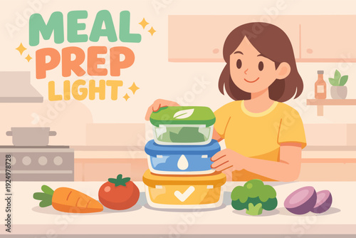 Woman preparing healthy meal prep containers in kitchen for balanced nutrition