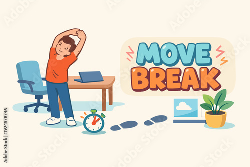 Employee stretching for a move break at office desk to prevent sedentary lifestyle