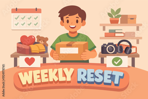Boy organizing items for a weekly reset, planning donations and charity work