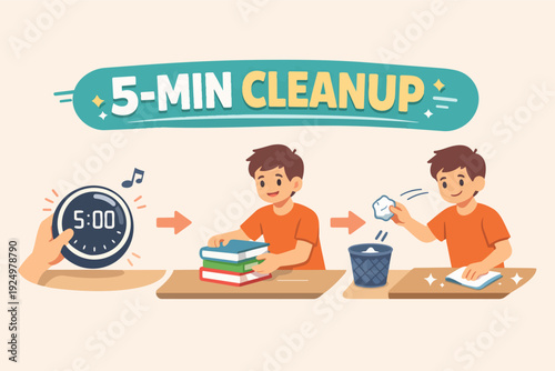 Boy practicing a 5-minute cleanup routine, organizing and tidying a workspace